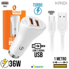 Kit Carregador Veicular Turbo 36W 2 USB + Cabo Tipo C 1m KD-302C Kaidi